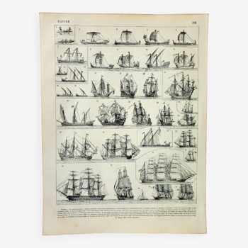 Gravure ancienne 1898, Bateau à voile et navire (1) • Lithographie, Planche originale