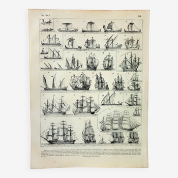 Old engraving 1898, Sailing boat and ship (1) • Lithograph, Original plate