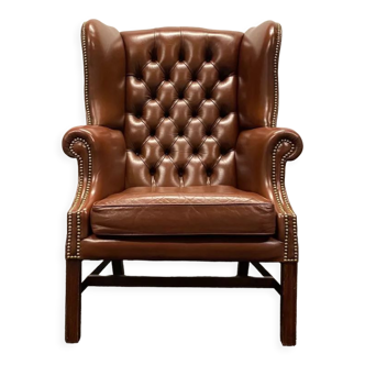 Brown leather vintage chesterfield wing chair