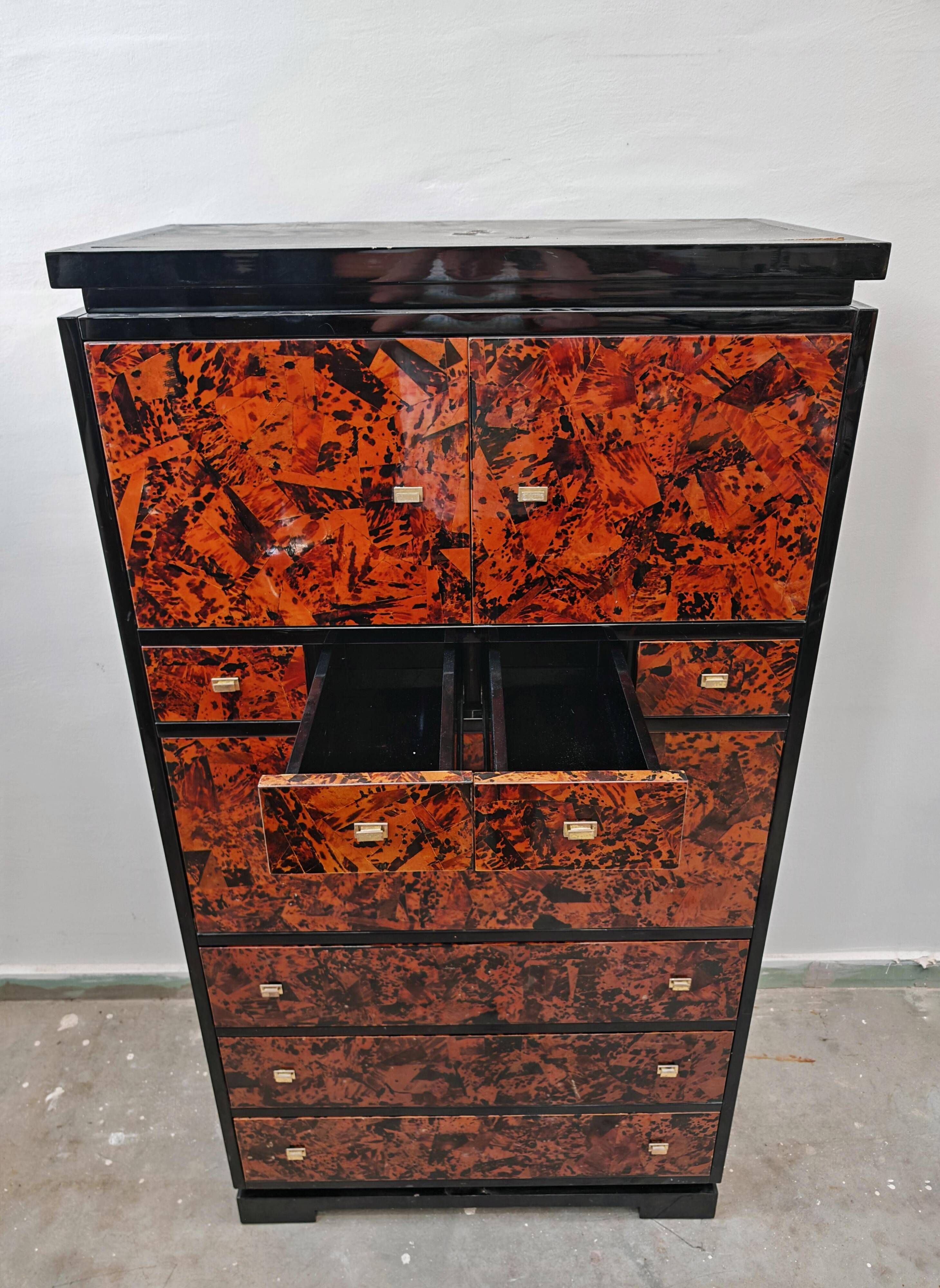 Mid Century Tall Boy or Secretary in tortoiseshell and lacquer by Ottini