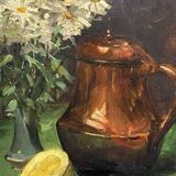 Painting signed still life with copper coquemar, lemon and bouquet of flowers