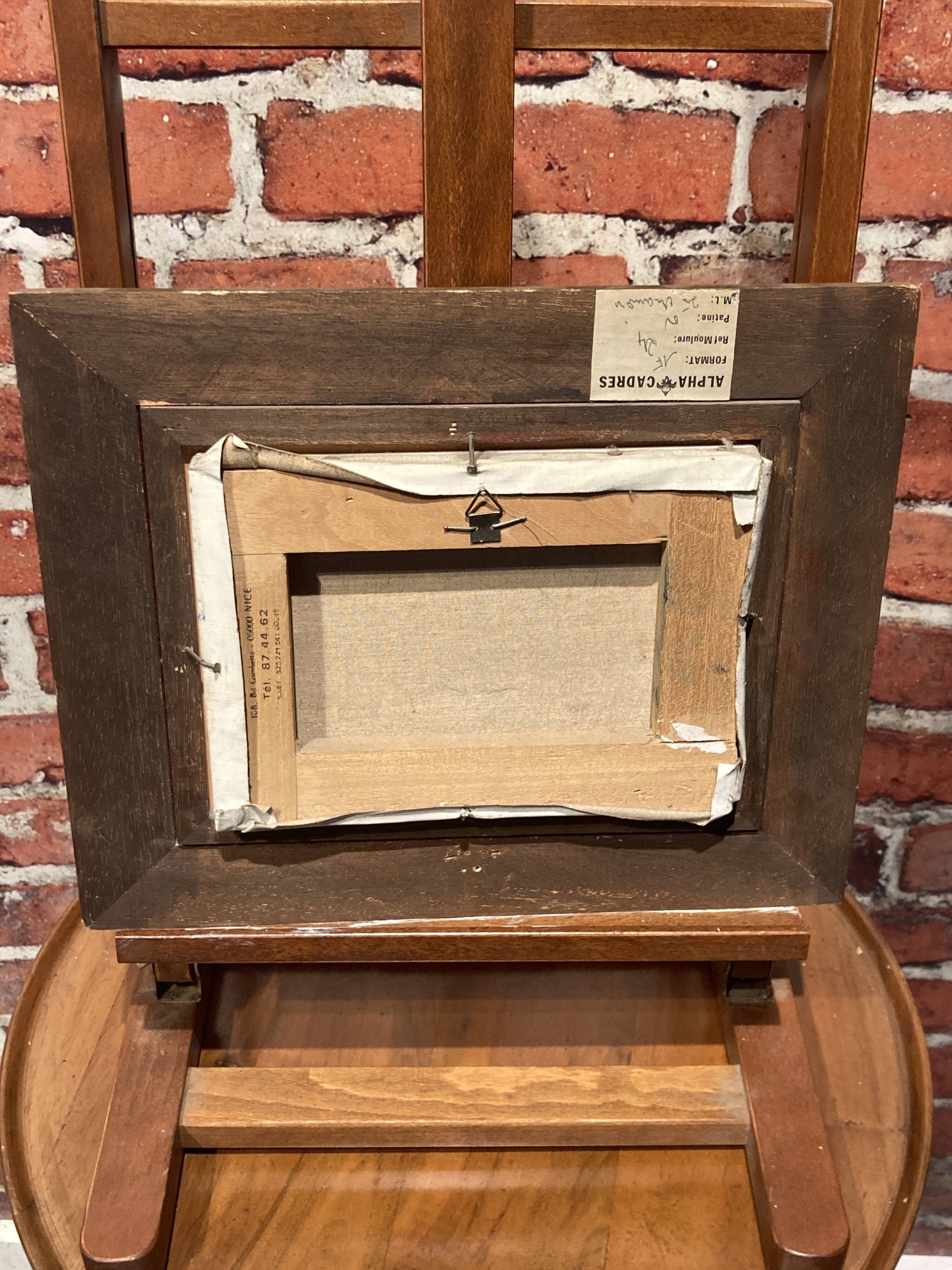 Oil on canvas framed by an abstract landscape