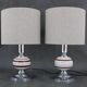 Paire de lampes de table en métal chromé, céramique et tissu, Italie années 1970