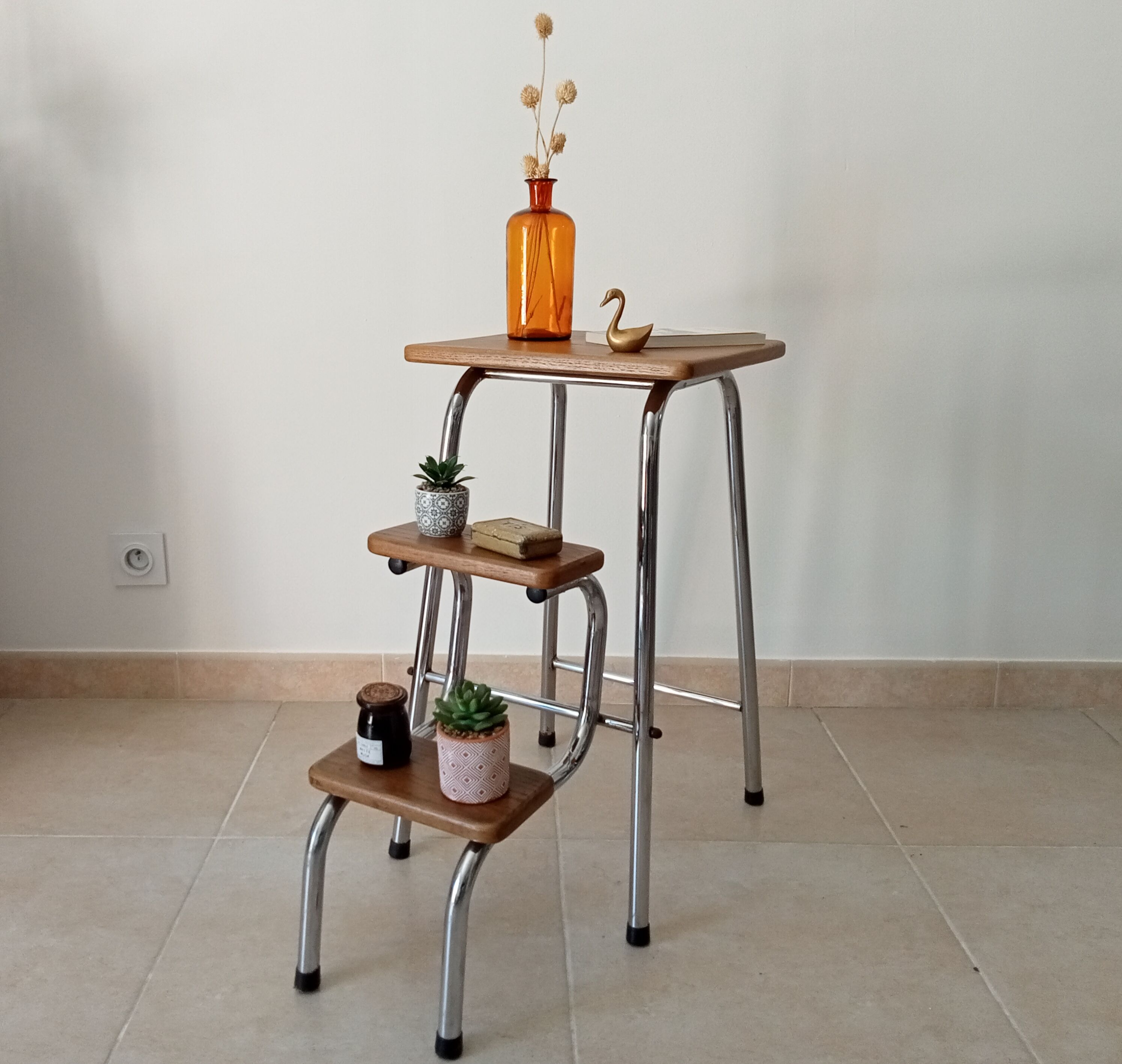 Stepladder stool vintage chrome and solid oak 60/70s