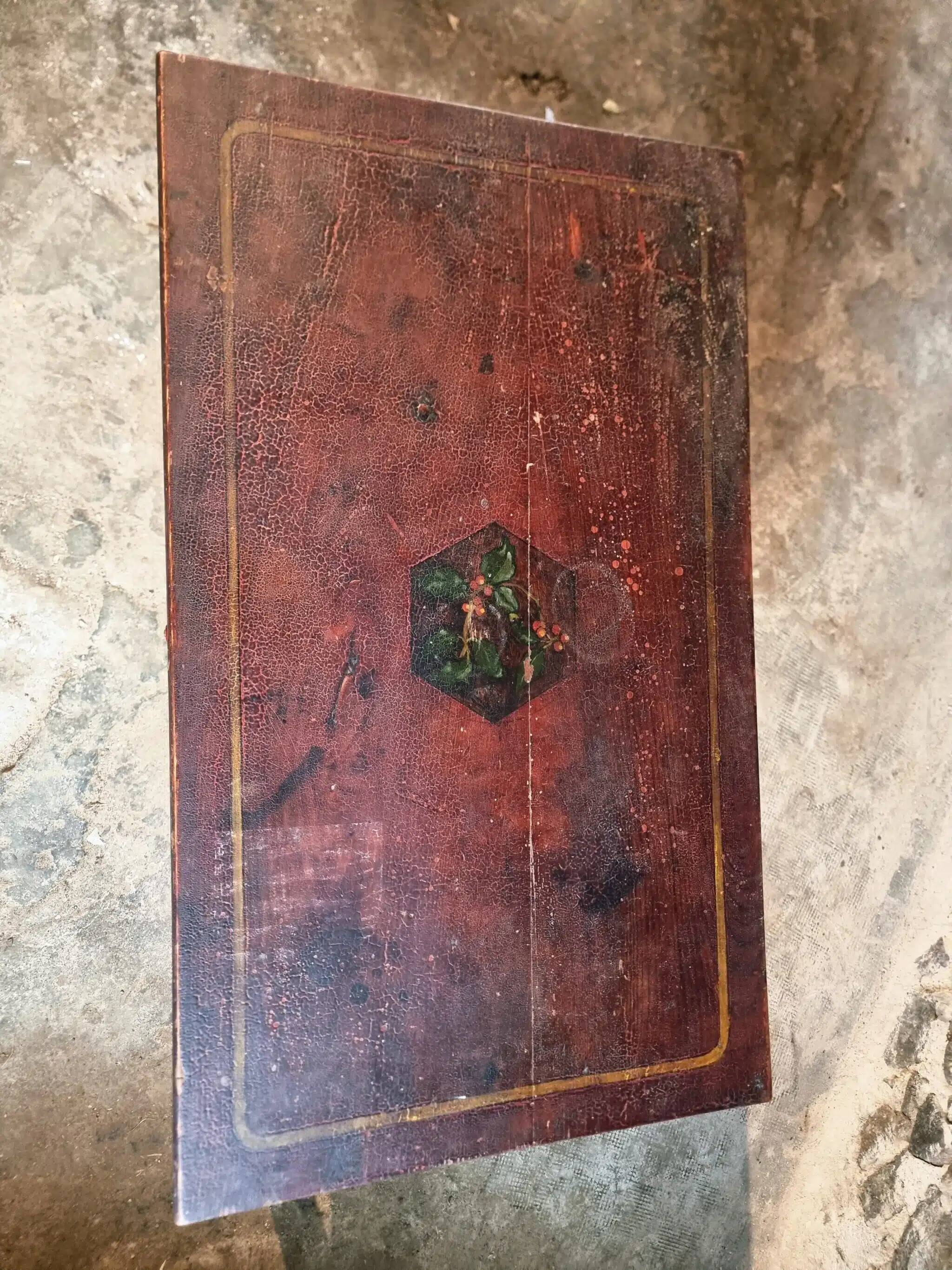 Antique French pine writing table, hand-painted folk art with drawer, signed 1916