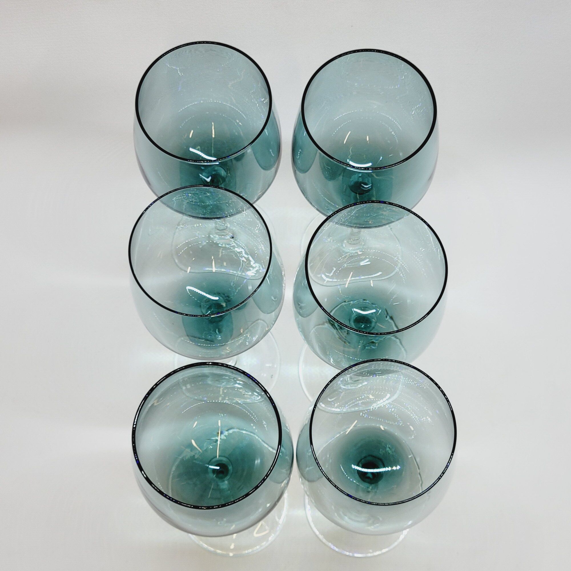 6 Large Wine or Water Balloon Glasses in Petrol Blue Color Blown Glass