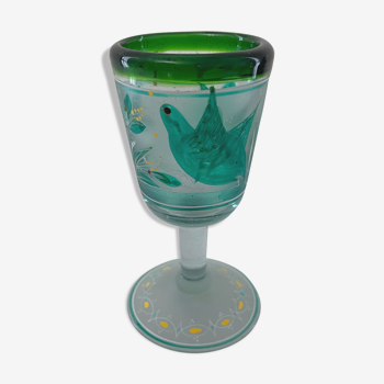 Verre à décors d’oiseaux givré émaux et peinture anonyme XIX début XXe