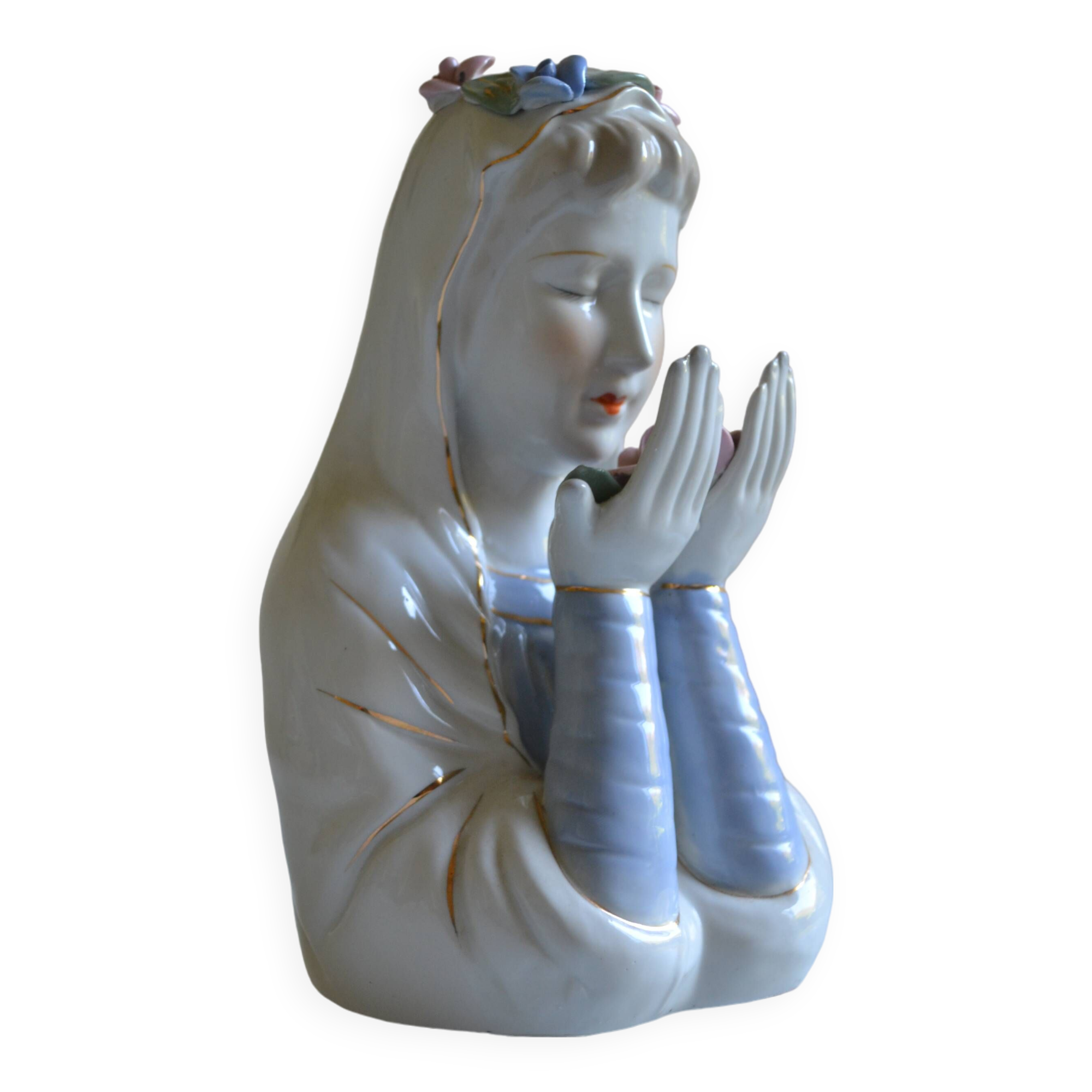Virgin Mary statue bust in polychrome porcelain Virgin with crown of roses