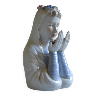 Virgin Mary statue bust in polychrome porcelain Virgin with crown of roses
