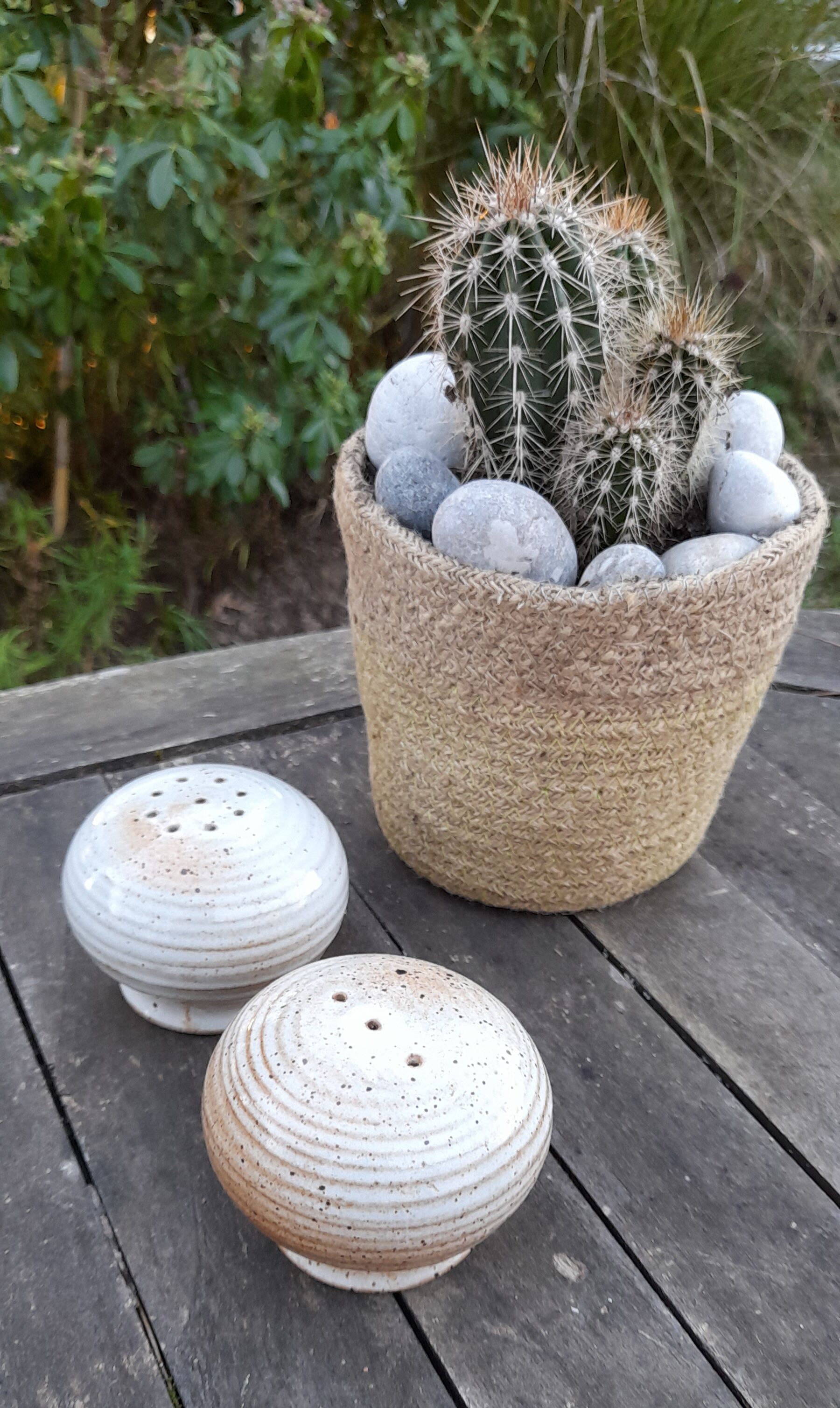 round salt and pepper shaker signed Grés du Marais, France, 60s