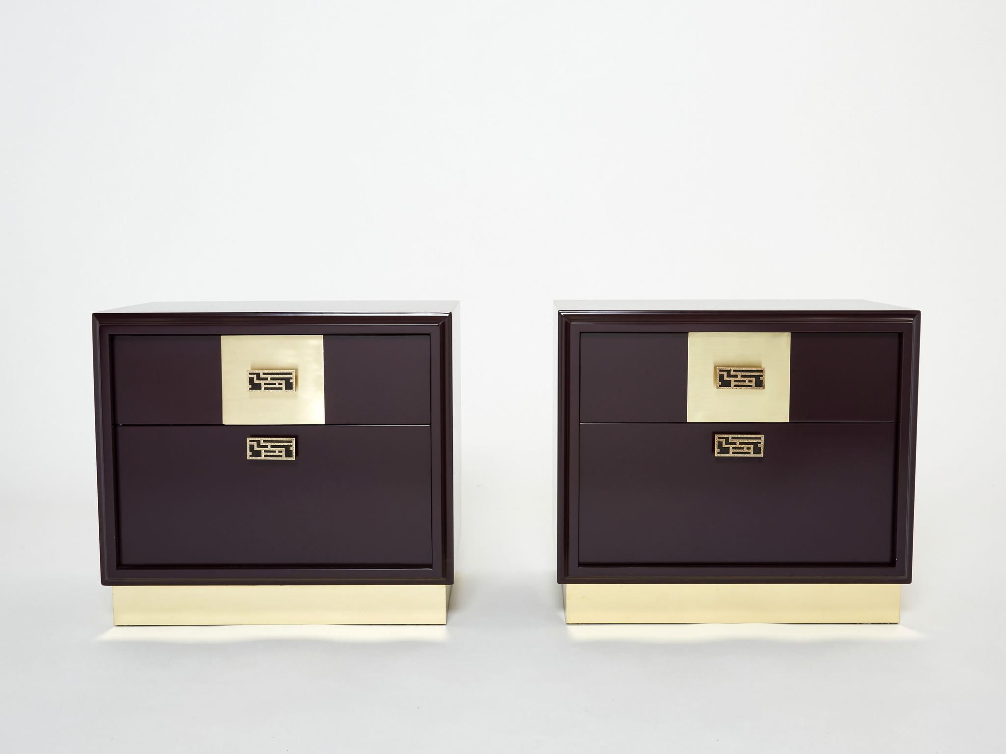 Pair of brass plum lacquer bedside tables Luciano Frigerio Italy 1970