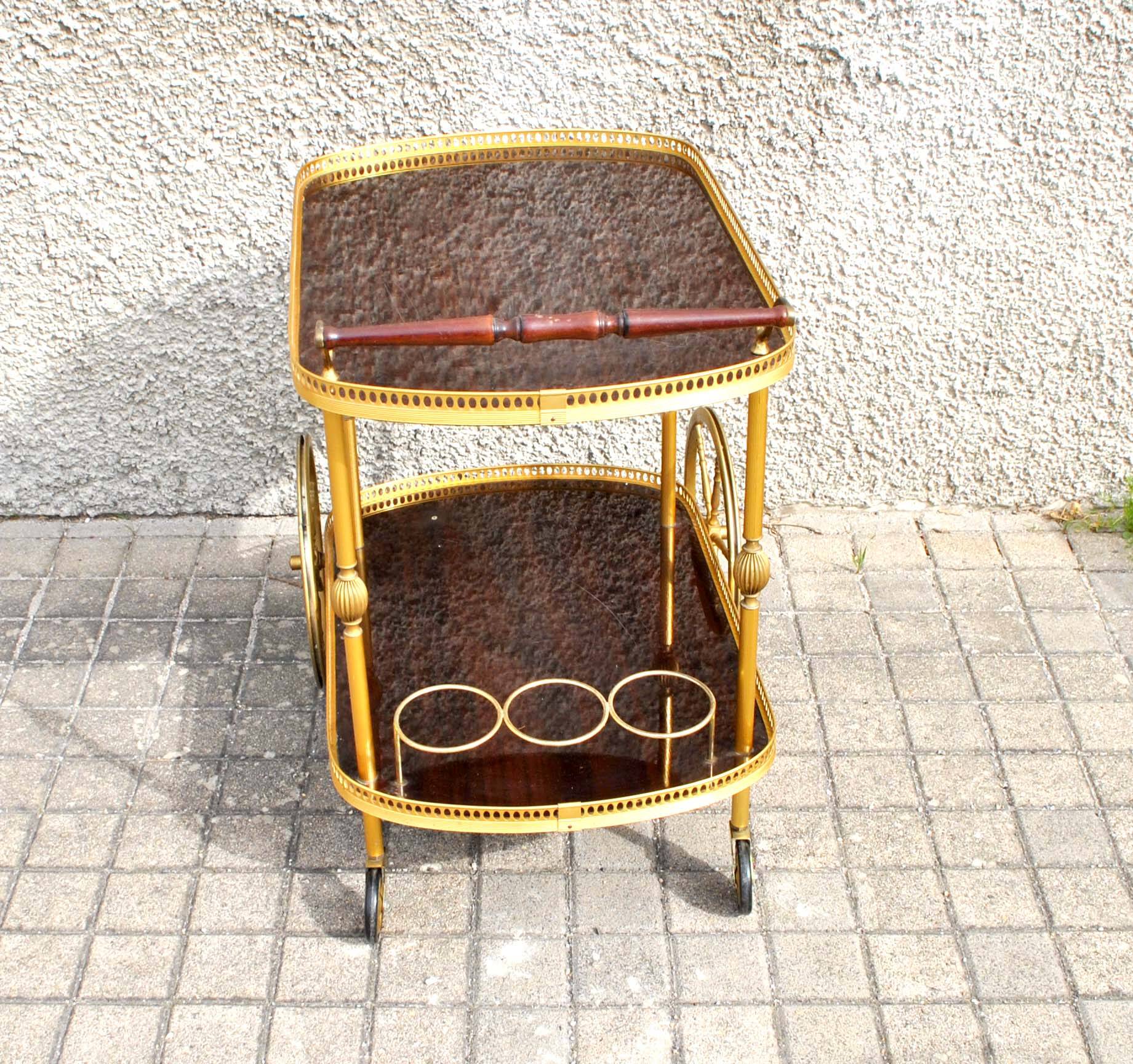 Vintage bar trolley in matte gold metal and melamine 1960