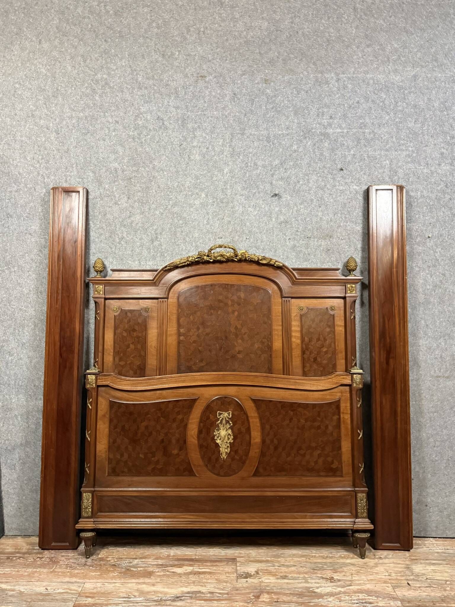 Louis XVI style Parisian center bed in marquetry and gilded bronze