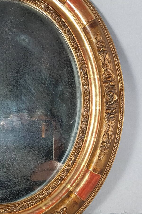 Ancien miroir ovale cadre bois stuc dorure d'origine 37x31 cm Belle patine