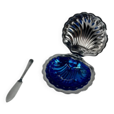 Metal shell butter dish with blue insert, 1970 with knife.
