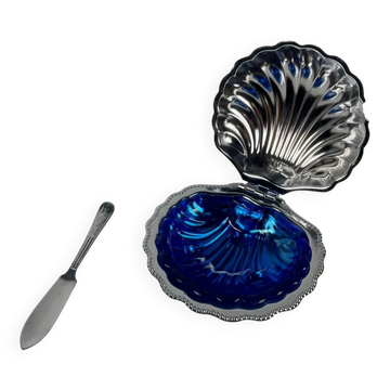 Metal shell butter dish with blue insert, 1970 with knife.