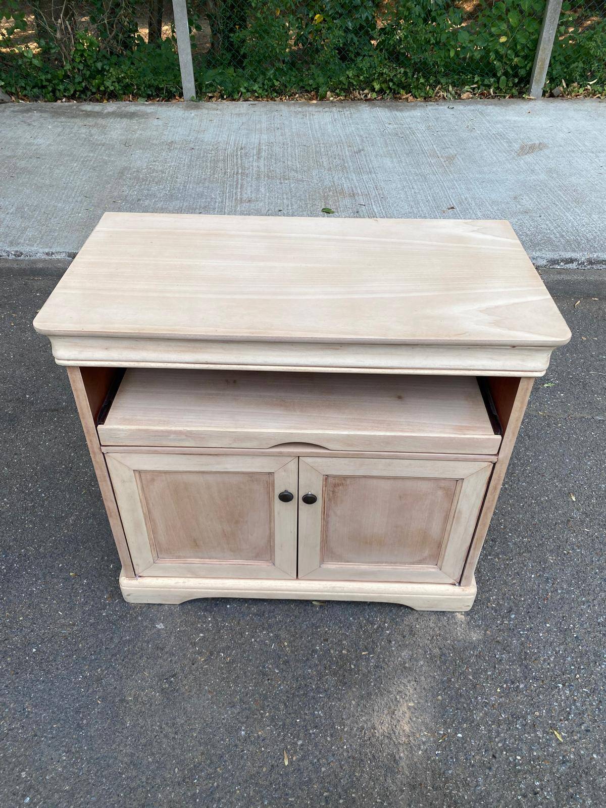 Louis Philippe buffet with 2 doors, stripped raw wood TV unit.