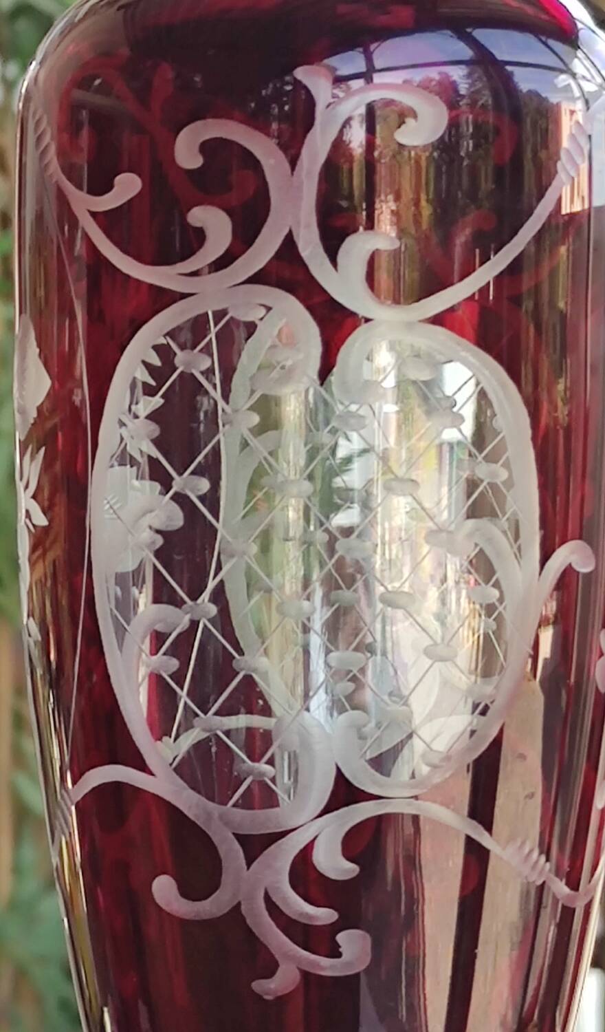 Old engraved red crystal vase