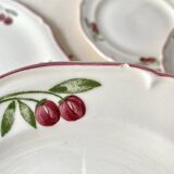 "Cherries" dessert service by Gien vintage, pie dish + 10 dessert plates, Faien ceramic