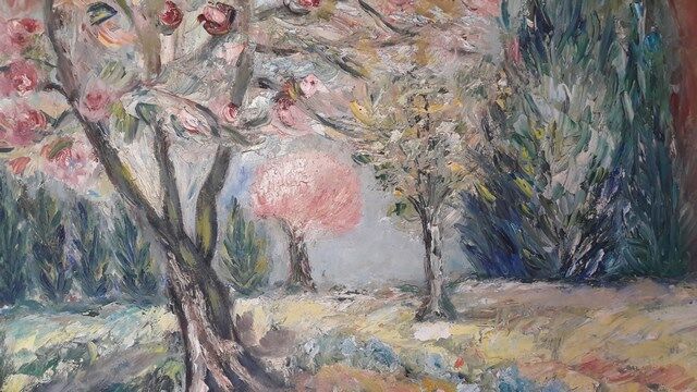 Tableau peinture huile pommiers en fleurs