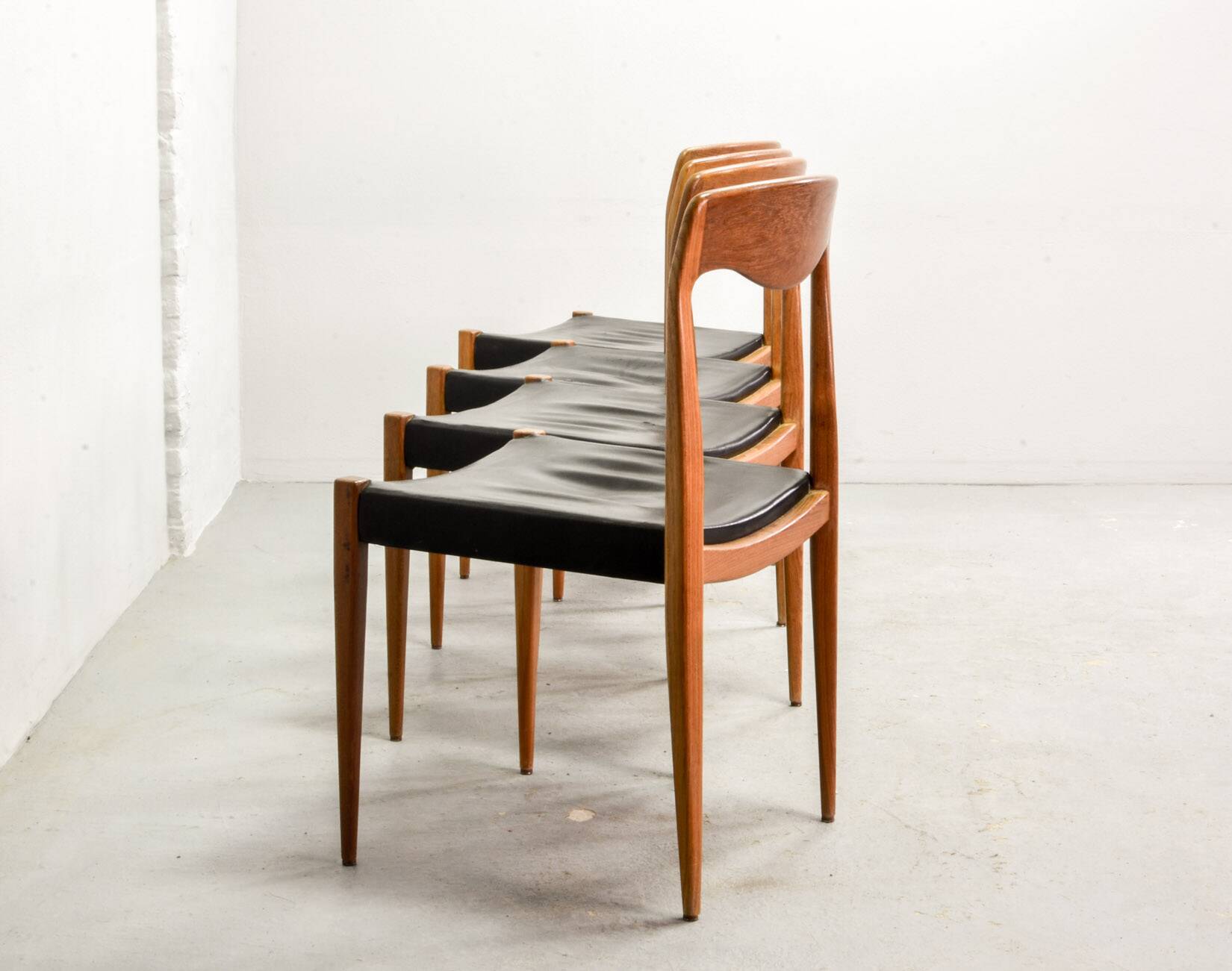 Niels Otto Moller Style Solid Teak Wood Dining Chairs with Leatherette 50s