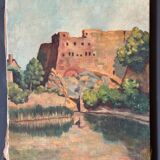 Oil on canvas landscape with a fortress circa 1930 by Dernay