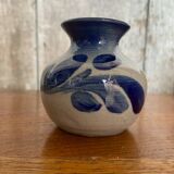Ancien vase alsace anne ehret grès gris bleu décor fleurs vintage