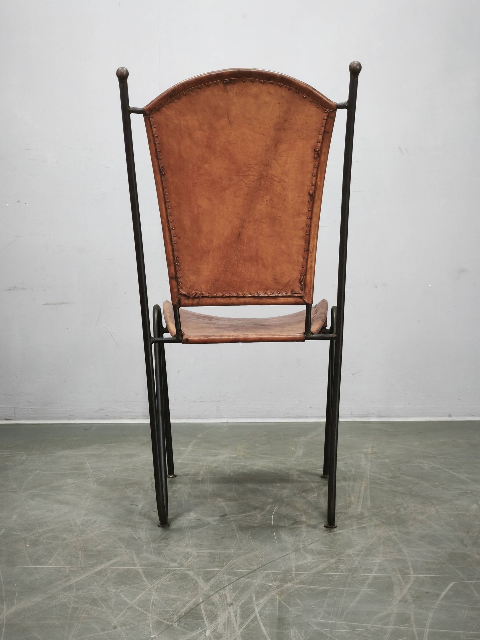 1990s European Brutalist Wrought Iron and Hand-Stitched Cognac Leather Dining Chair