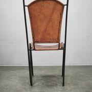 1990s European Brutalist Wrought Iron and Hand-Stitched Cognac Leather Dining Chair