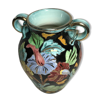Vase ancien céramique monaco decor main coloré signé vintage