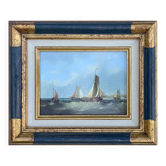 Paysage marin avec voiliers – huile sur panneau du XIXe siècle
