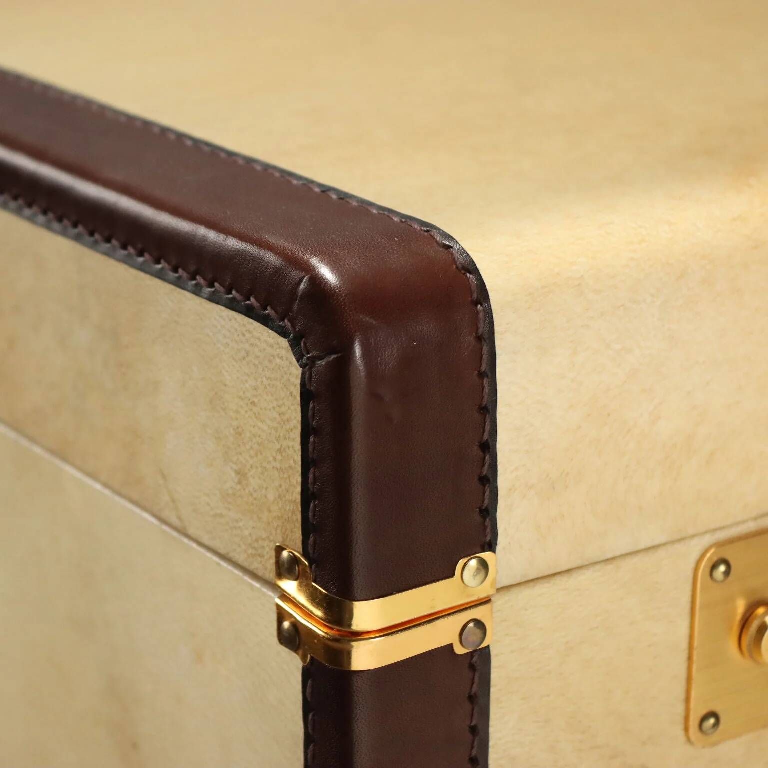 Vintage suitcase in parchment, cotton and leather, Italy, 1960s