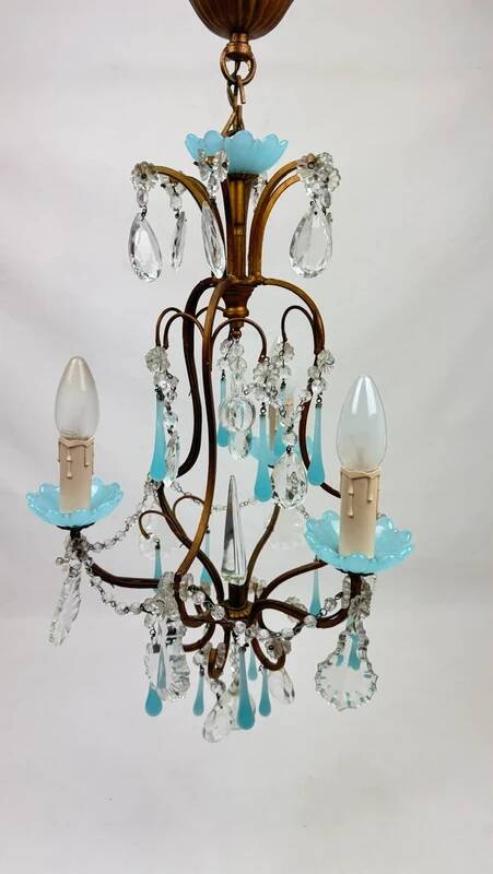 Small Italian chandelier in brass, blue opaline and tassels, 1950s