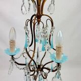 Small Italian chandelier in brass, blue opaline and tassels, 1950s