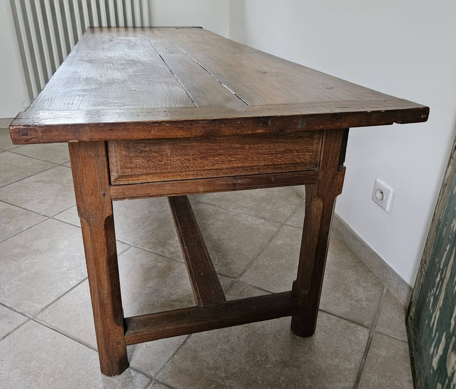 Farm table, solid oak console, late 18th to early 19th century.