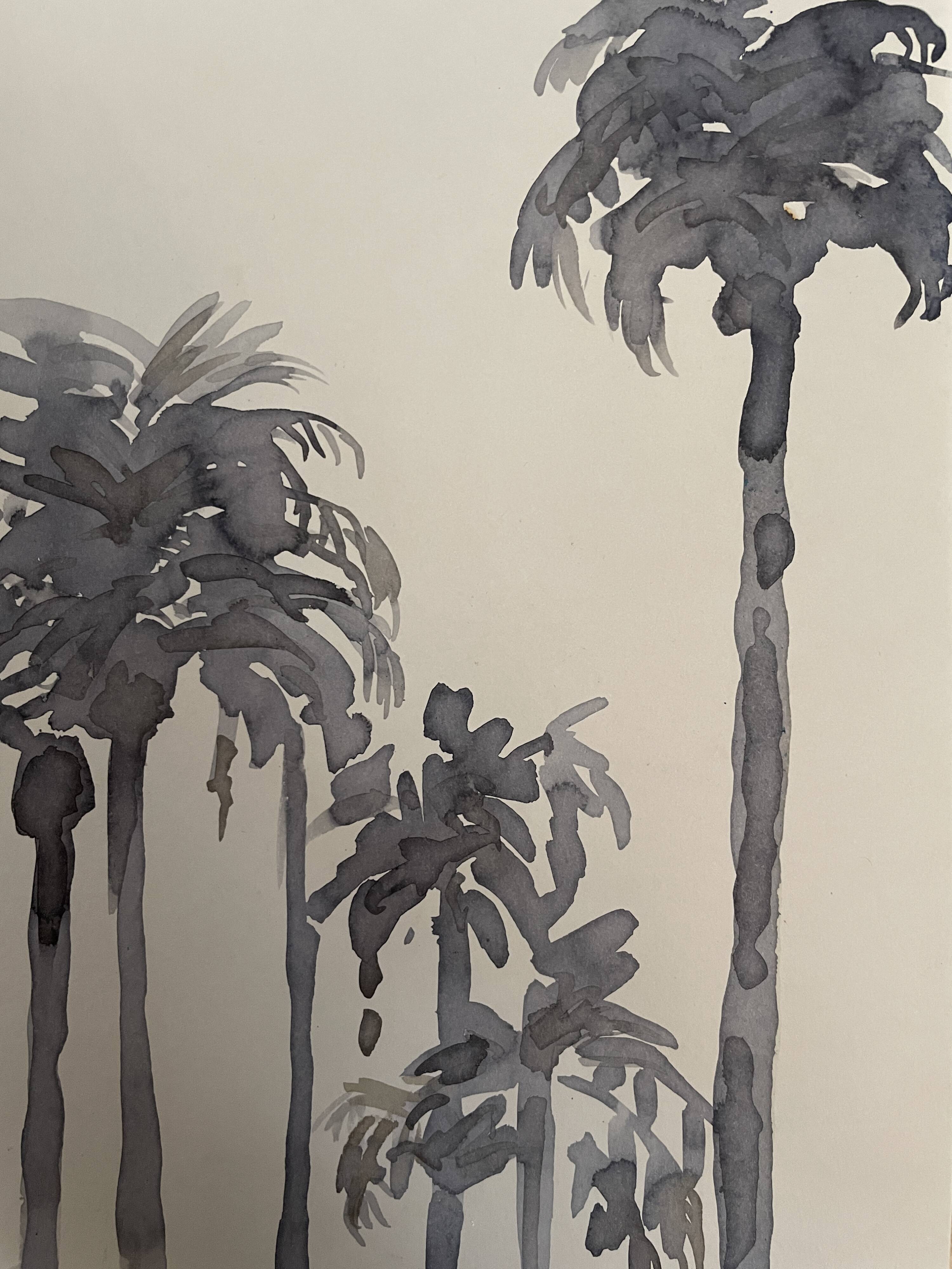 Signed monochrome watercolor painting “sunset over the palm trees”