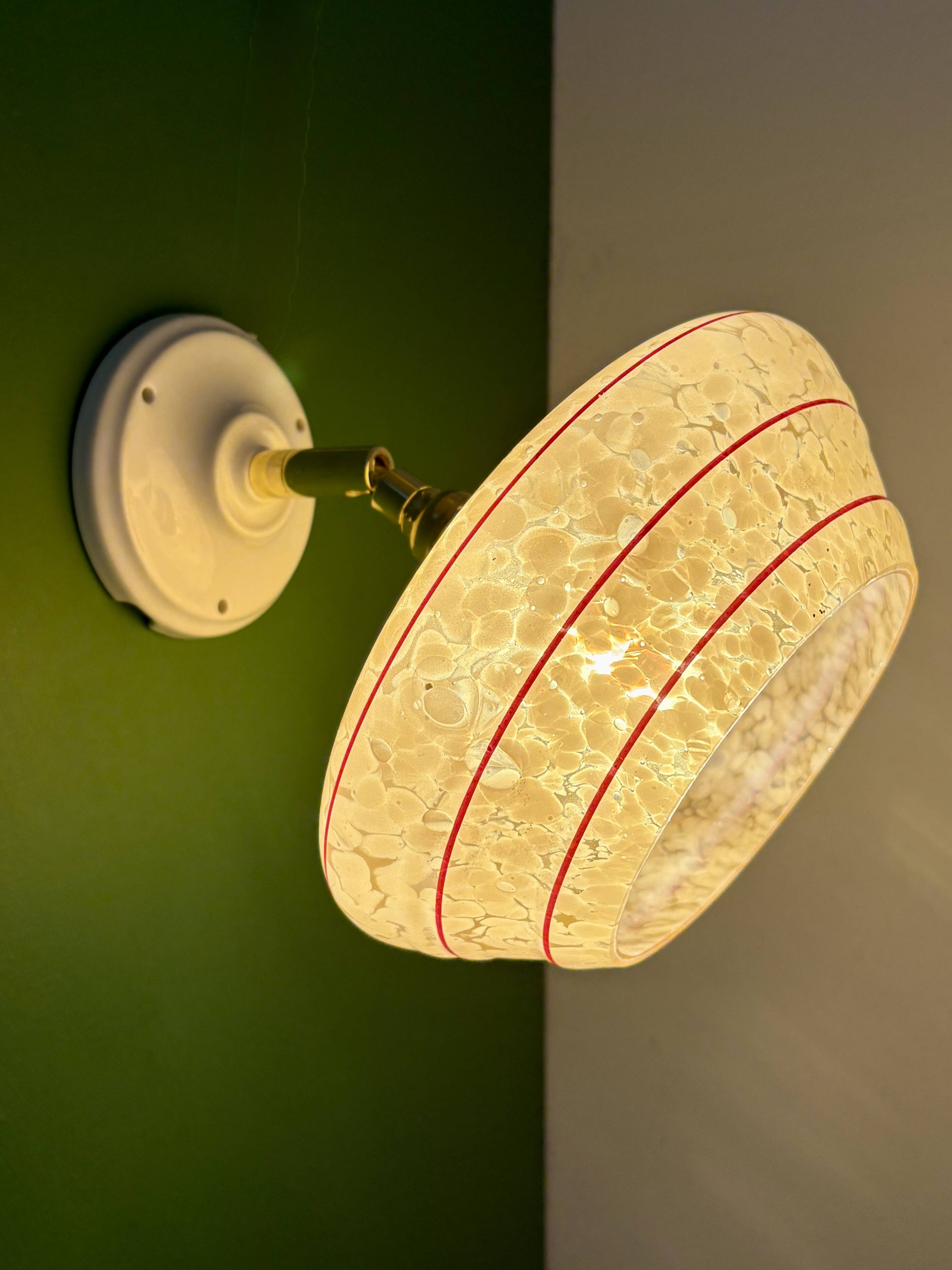Vintage wall lamp with yellow clichy glass shade and red trim