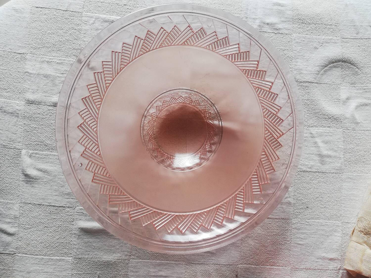 Antique ceiling light in frosted and engraved pink glass.