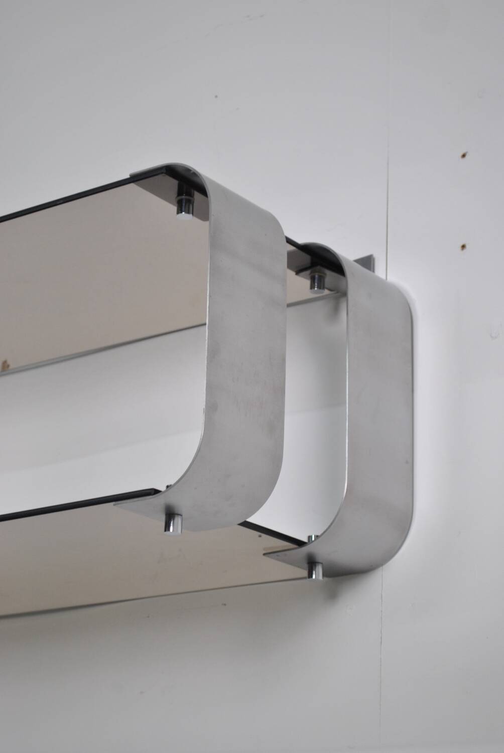 Brushed steel and smoked glass shelf, Donald Singer, 1970