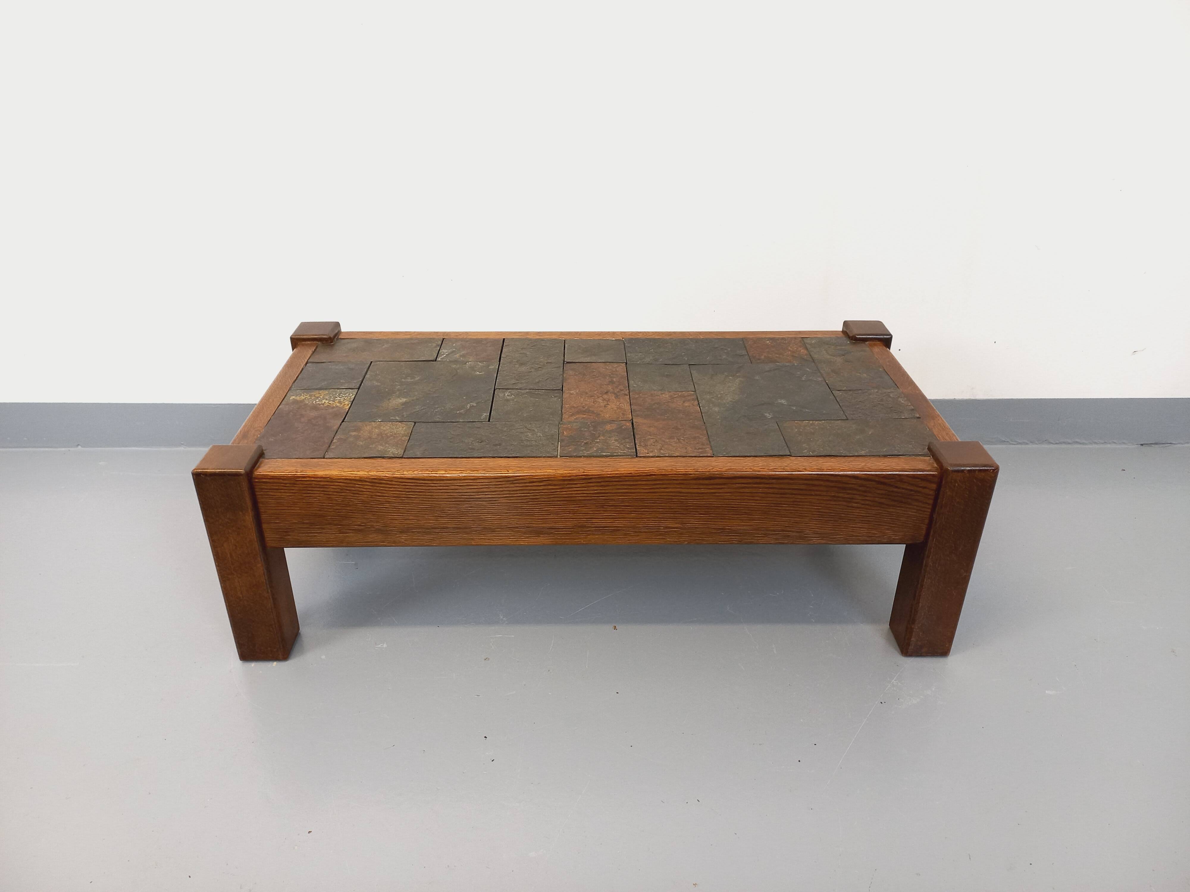 Vintage Brutalist Oak and Slate Coffee Table from the 60s-70s