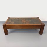 Vintage Brutalist Oak and Slate Coffee Table from the 60s-70s