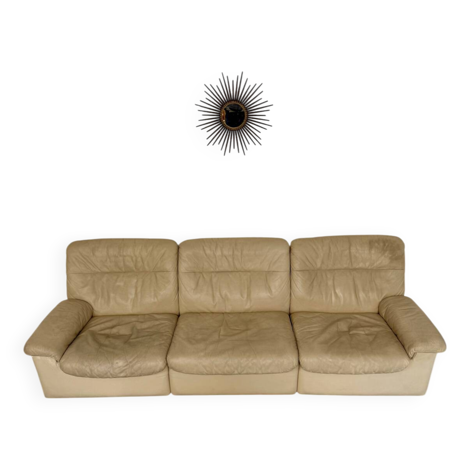 Old 3-seater beige leather sofa designed by Carl Larsson De Sede, vintage 80s