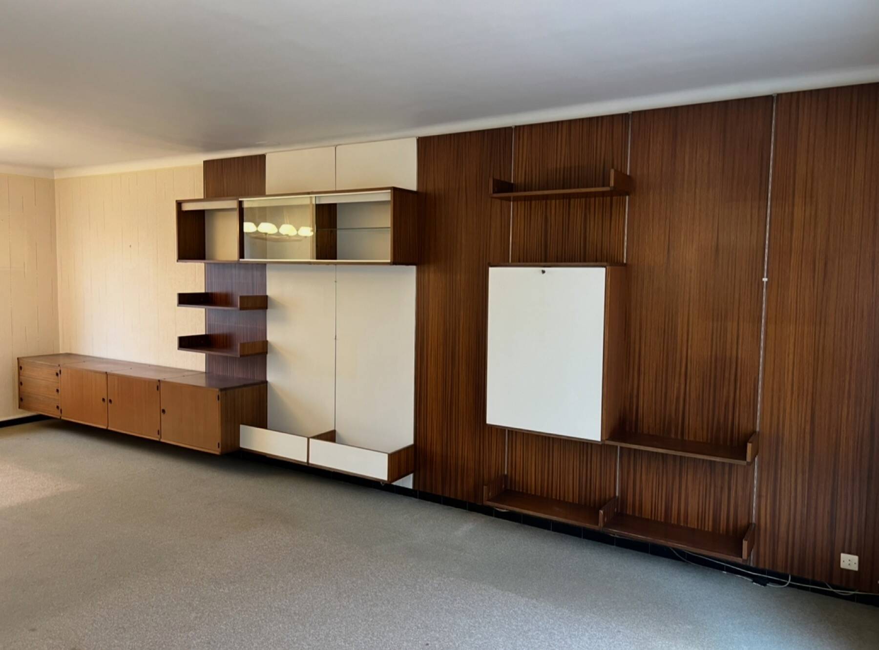 Modular Wall System in Wood Veneer, White Laminate, Glass and