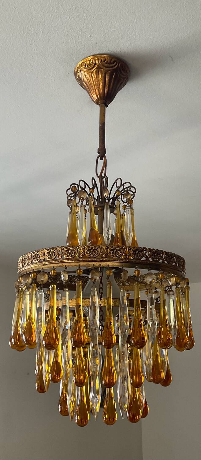 Vintage chandeliers with amber glass tassels and drops