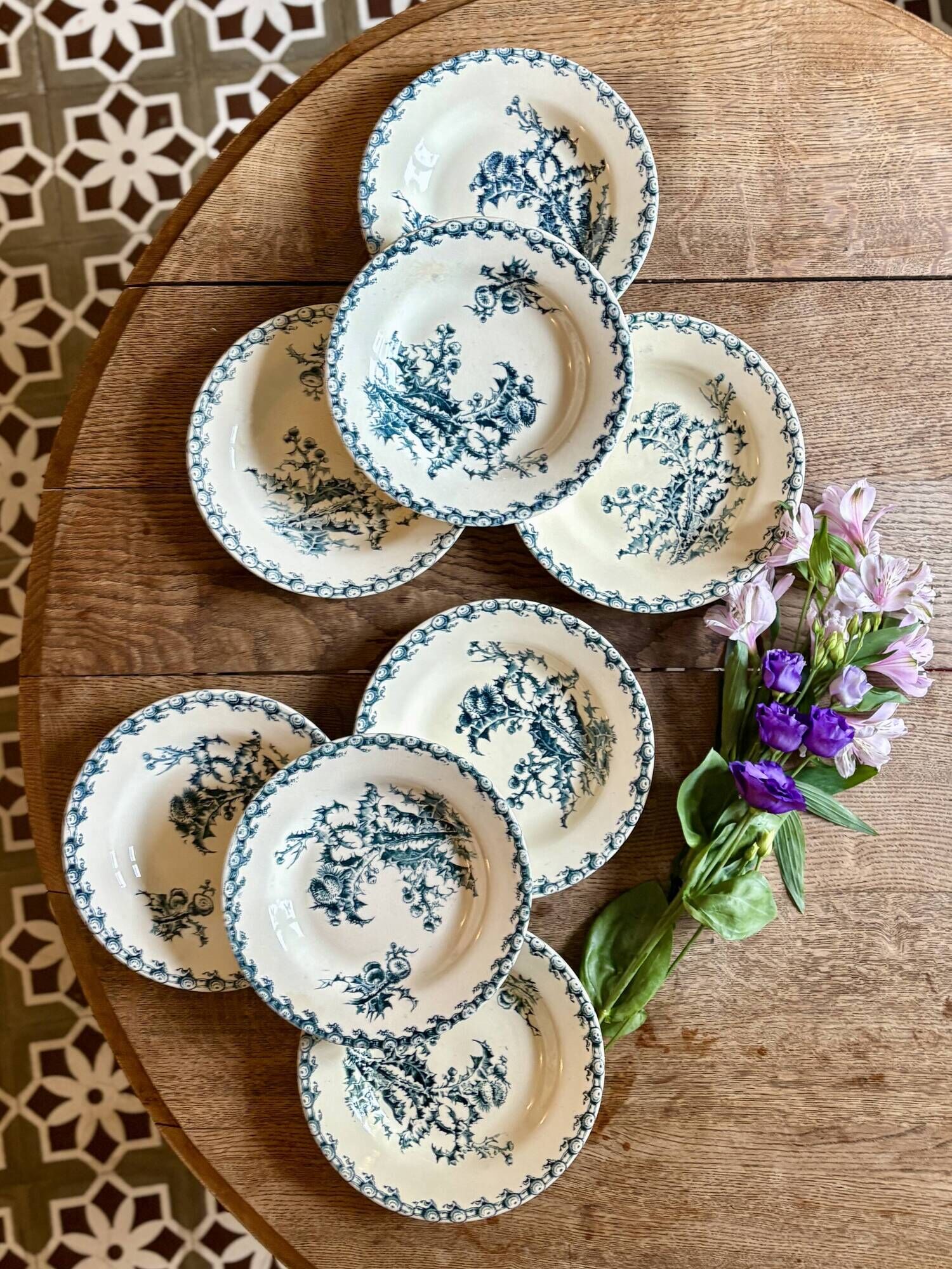 Set of 8 antique deep plates in ironstone, Chardons de Gien