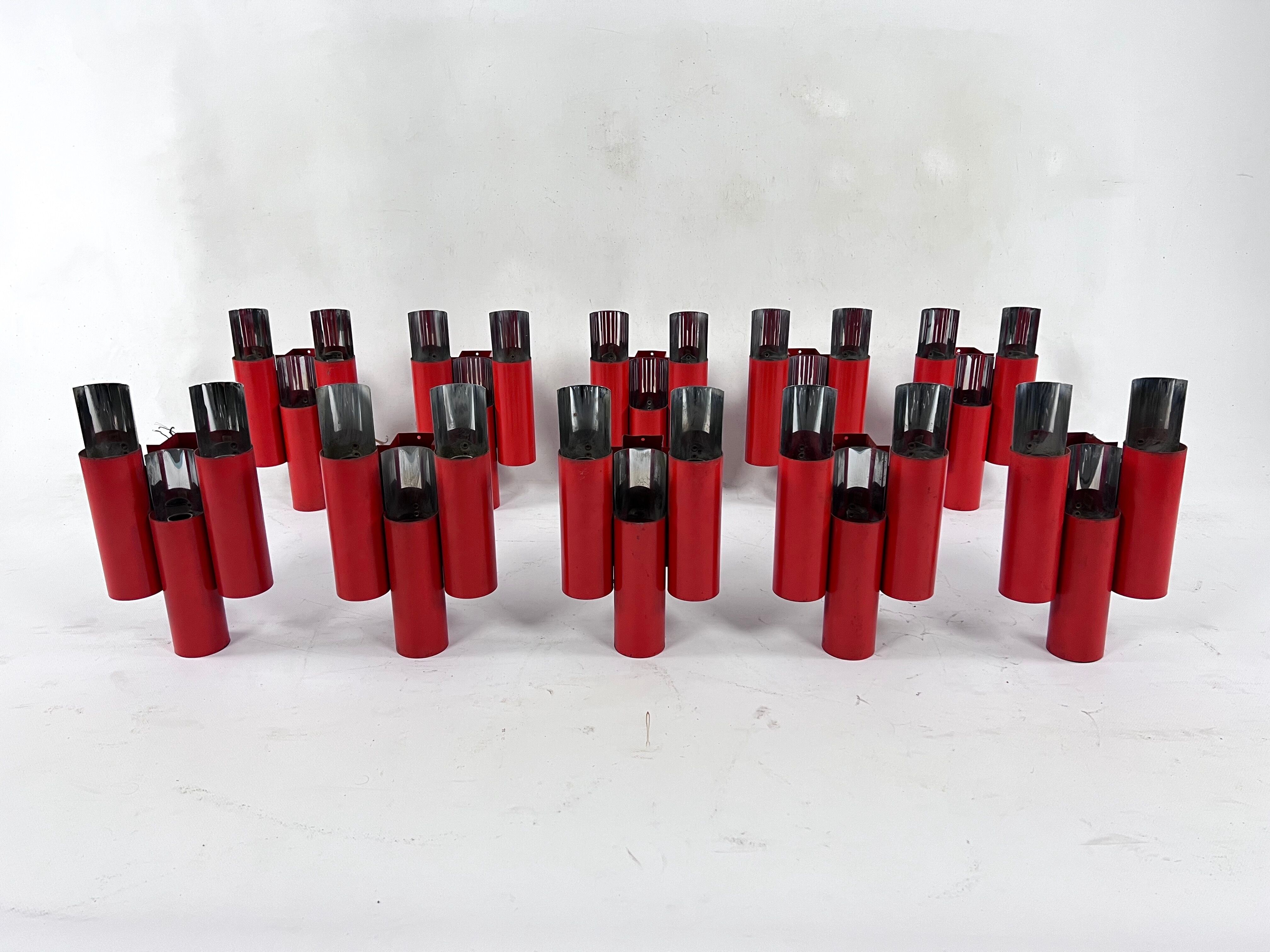 Set of 10 mid-century red and chrome wall lamps by Stilnovo, Italy 1970s