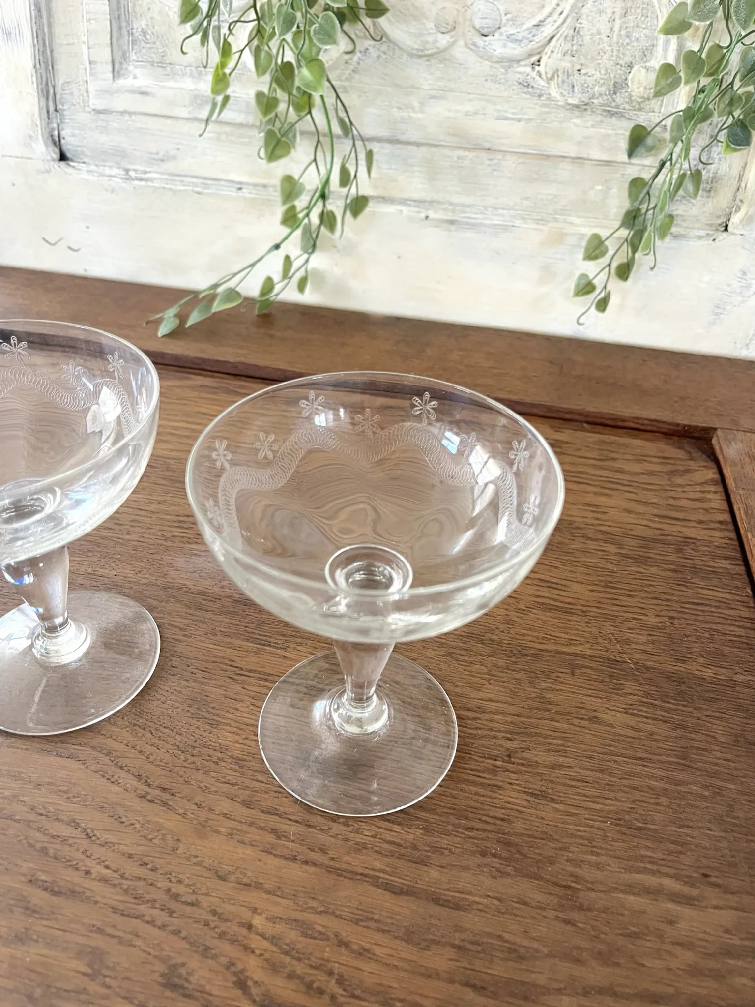 Champagne glasses coupe glasses set of 2 etched floral design crystal