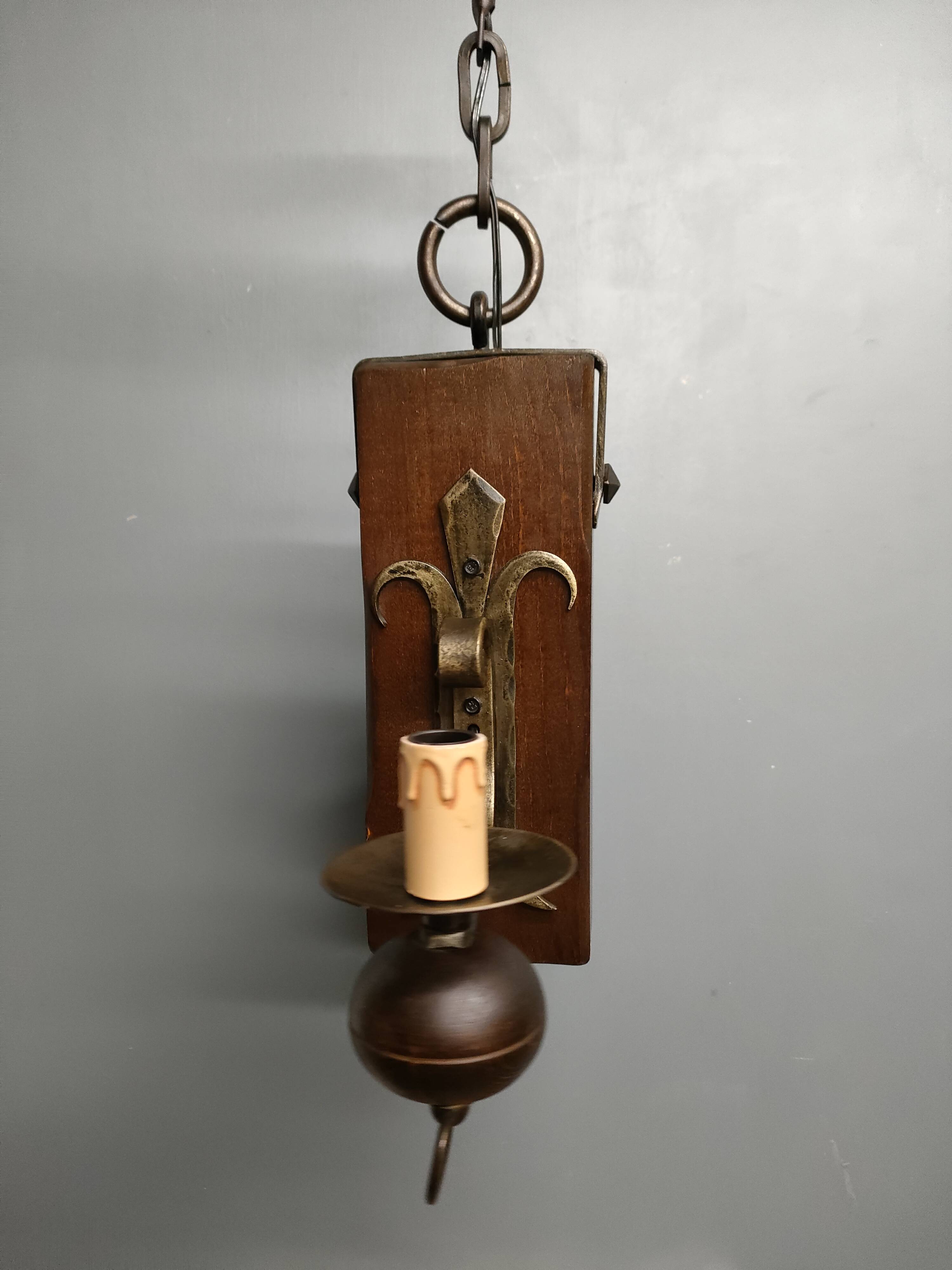 Medieval 2-light chandelier ~ hammered and patinated wrought iron ~ oak ~ 60s ~ France