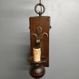 Medieval 2-light chandelier ~ hammered and patinated wrought iron ~ oak ~ 60s ~ France