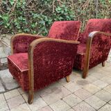Pair of Art Deco club armchairs in burgundy red velvet, 1930s